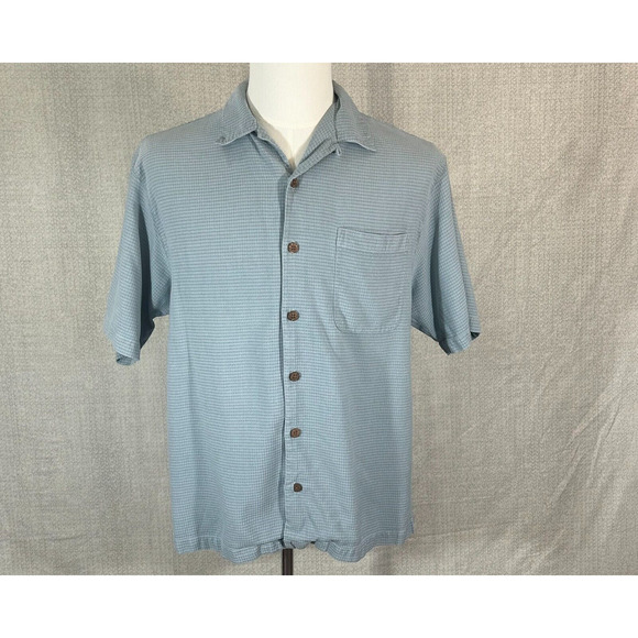 Tommy Bahama Shirt Mens Medium Blue Silk Button Up Loop Collar Short Sleeve - Picture 1 of 7